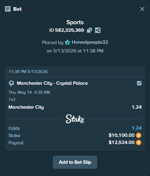 Bet slip: Manchester City - Crystal Palace, $8,148.99 stake at 1.24 odds, placed by Honestpeople32