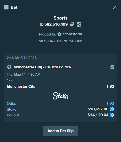 Bet slip: Manchester City - Crystal Palace, $10,697.00 stake at 1.32 odds, placed by Storestorm