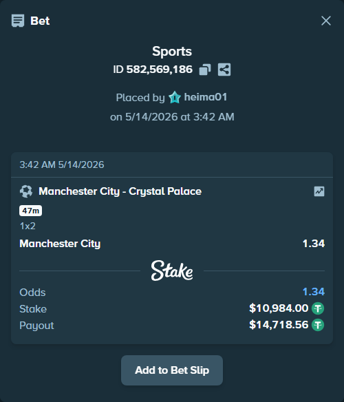 Bet slip: Manchester City - Crystal Palace, $10,984.00 stake at 1.34 odds, placed by heima01