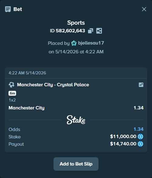 Bet slip: Manchester City - Crystal Palace, $11,000.00 stake at 1.34 odds, placed by bjellesau17