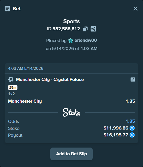 Bet slip: Manchester City - Crystal Palace, $11,996.86 stake at 1.35 odds, placed by erlendw00