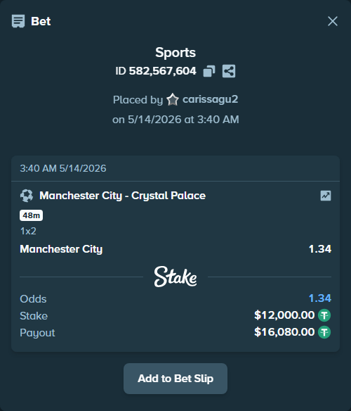 Bet slip: Manchester City - Crystal Palace, $12,000.00 stake at 1.34 odds, placed by carissagu2