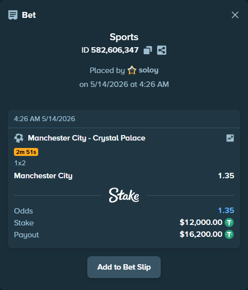 Bet slip: Manchester City - Crystal Palace, $12,000.00 stake at 1.35 odds, placed by soloy