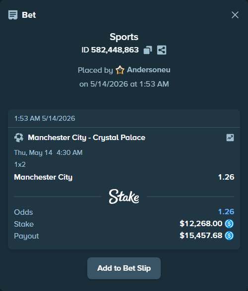 Bet slip: Manchester City - Crystal Palace, $12,268.00 stake at 1.26 odds, placed by Andersoneu