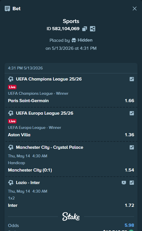 Bet slip: Manchester City - Crystal Palace, $13,512.79 stake at 1.54 odds, placed by Hidden