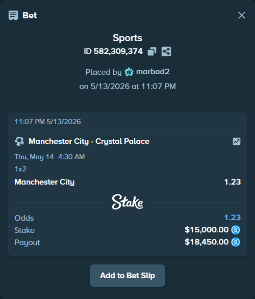 Bet slip: Manchester City - Crystal Palace, $15,000.00 stake at 1.23 odds, placed by marbad2