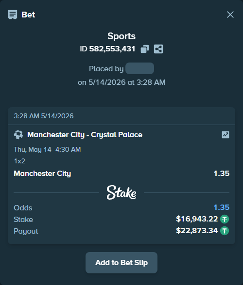 Bet slip: Manchester City - Crystal Palace, $16,960.16 stake at 1.35 odds, placed by erlendw00