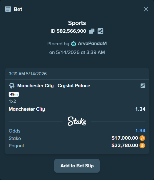 Bet slip: Manchester City - Crystal Palace, $13,727.03 stake at 1.34 odds, placed by ArvaPandaM