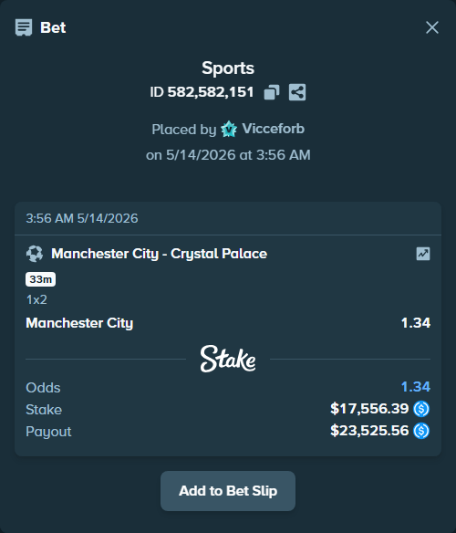 Bet slip: Manchester City - Crystal Palace, $17,556.39 stake at 1.34 odds, placed by Vicceforb