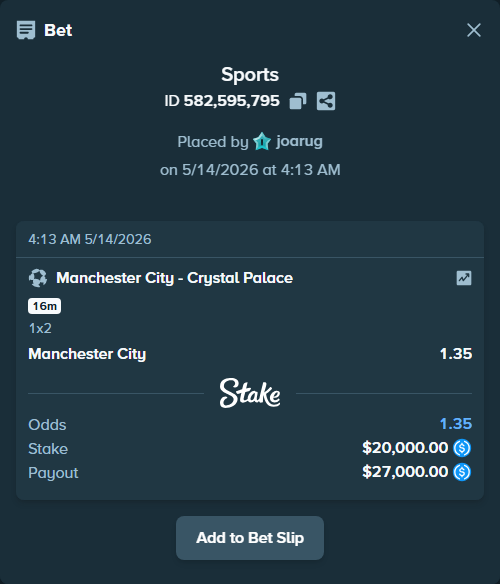 Bet slip: Manchester City - Crystal Palace, $20,000.00 stake at 1.35 odds, placed by joarug