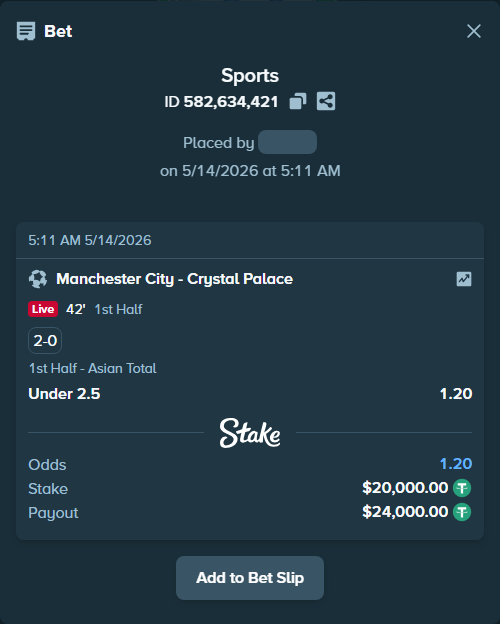 Bet slip: Manchester City - Crystal Palace, $20,000.00 stake at 1.20 odds, placed by SpivX