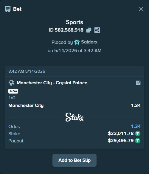 Bet slip: Manchester City - Crystal Palace, $22,011.78 stake at 1.34 odds, placed by Saidarx