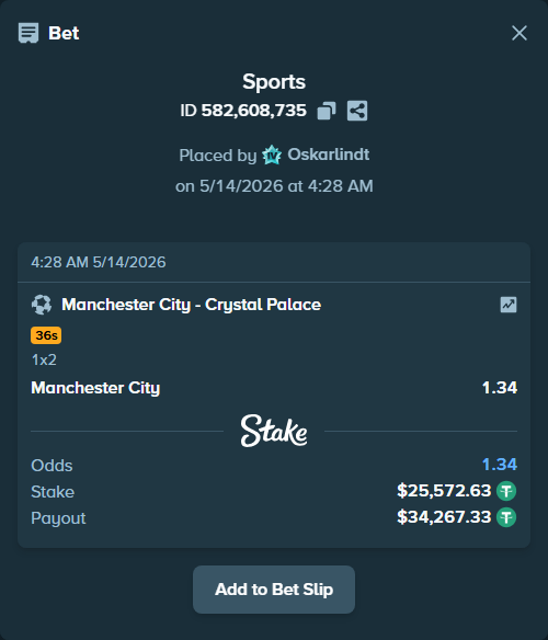 Bet slip: Manchester City - Crystal Palace, $25,572.63 stake at 1.34 odds, placed by Oskarlindt