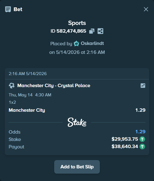 Bet slip: Manchester City - Crystal Palace, $29,983.71 stake at 1.29 odds, placed by Oskarlindt