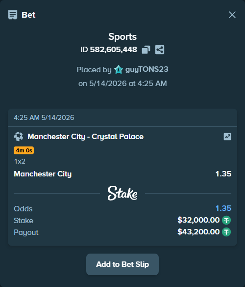 Bet slip: Manchester City - Crystal Palace, $32,000.00 stake at 1.35 odds, placed by guyTONS23