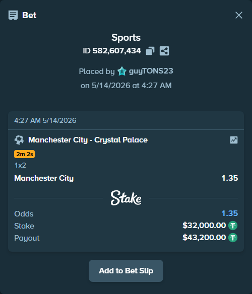 Bet slip: Manchester City - Crystal Palace, $32,000.00 stake at 1.35 odds, placed by guyTONS23