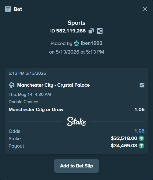 Bet slip: Manchester City - Crystal Palace, $32,518.00 stake at 1.06 odds, placed by Iben1993