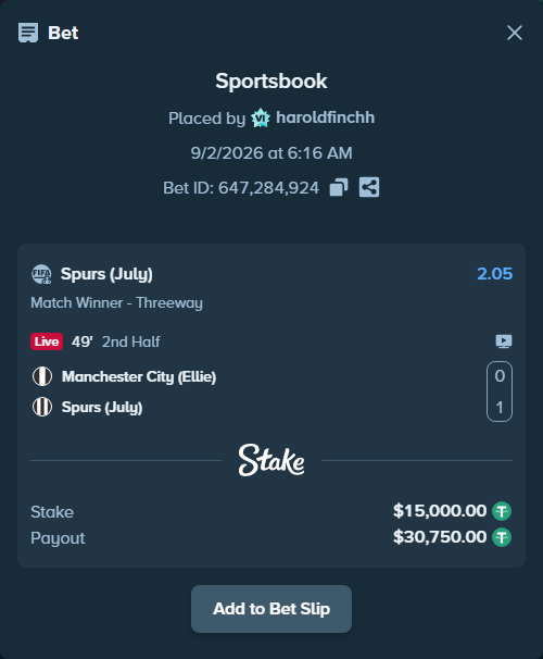 Bet slip: Manchester City (Ellie) - Spurs (July), $15,000.00 stake at 2.05 odds, placed by haroldfinchh