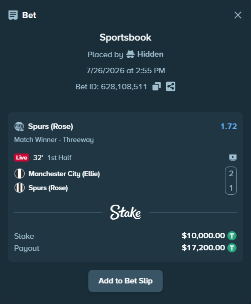 Bet slip: Manchester City (Ellie) - Spurs (Rose), $10,010.00 stake at 1.72 odds, placed by Hidden