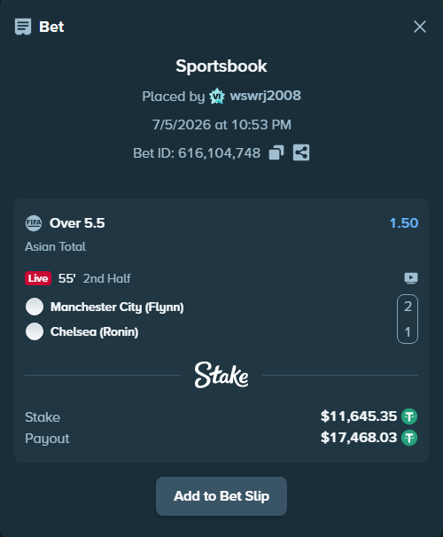 Bet slip: Manchester City (Flynn) - Chelsea (Ronin), $11,657.00 stake at 1.50 odds, placed by wswrj2008