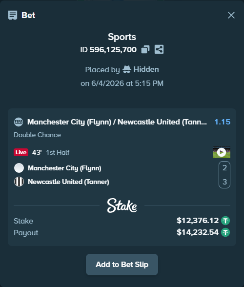 Bet slip: Manchester City (Flynn) - Newcastle United (Tanner), $12,388.50 stake at 1.15 odds, placed by Hidden
