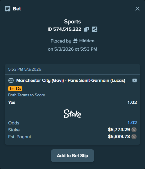 Bet slip: Manchester City (Gavi) - Paris Saint-Germain (Lucas), $4,787.75 stake at 1.02 odds, placed by Hidden