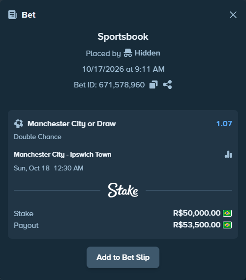 Bet slip: Manchester City - Ipswich Town, $10,000.00 stake at 1.07 odds, placed by toussaintpedro