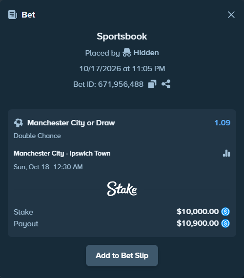 Bet slip: Manchester City - Ipswich Town, $10,000.00 stake at 1.09 odds, placed by Wolfie9