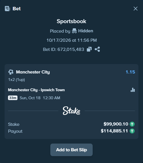 Bet slip: Manchester City - Ipswich Town, $100,000.00 stake at 1.15 odds, placed by Ceeksy1204