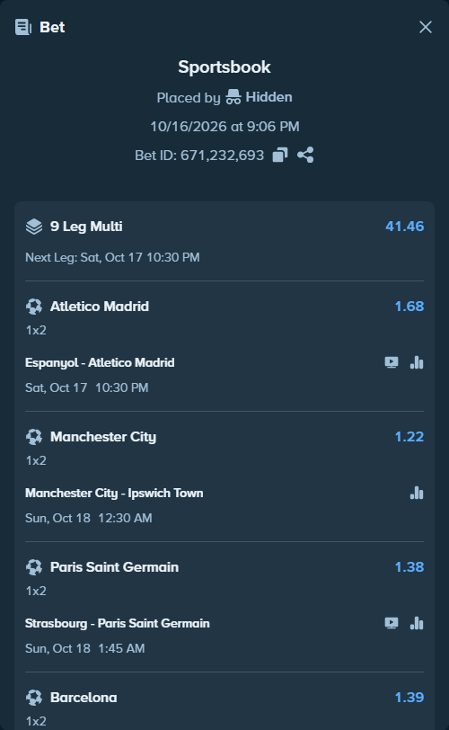 Bet slip: Manchester City - Ipswich Town, $10,010.00 stake at 1.22 odds, placed by Hidden
