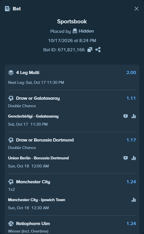 Bet slip: Manchester City - Ipswich Town, $11,168.27 stake at 1.24 odds, placed by Hidden