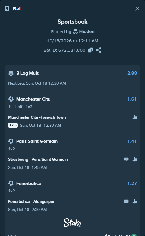 Bet slip: Manchester City - Ipswich Town, $13,635.00 stake at 1.61 odds, placed by Hidden