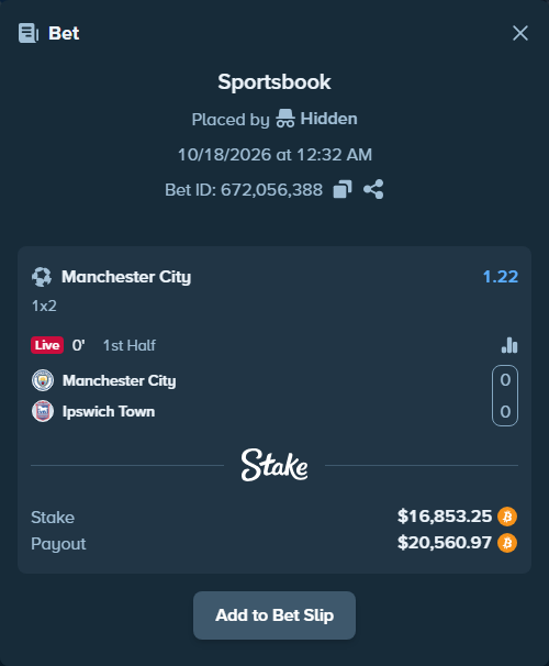 Bet slip: Manchester City - Ipswich Town, $16,897.37 stake at 1.22 odds, placed by Saiddh94