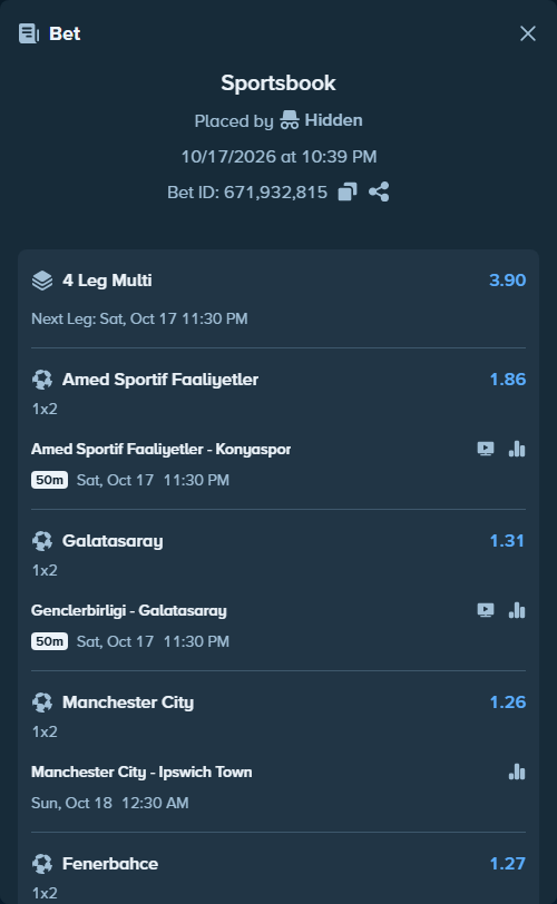 Bet slip: Manchester City - Ipswich Town, $20,000.00 stake at 1.26 odds, placed by Prof200