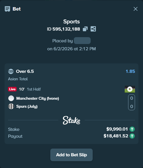 Bet slip: Manchester City (Ivone) - Spurs (July), $10,000.00 stake at 1.85 odds, placed by wswrj2008