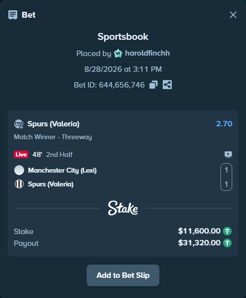 Bet slip: Manchester City (Lexi) - Spurs (Valeria), $11,600.00 stake at 2.70 odds, placed by haroldfinchh
