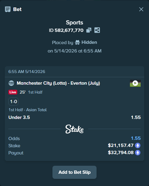 Bet slip: Manchester City (Lotta) - Everton (July), $16,264.79 stake at 1.55 odds, placed by Hidden