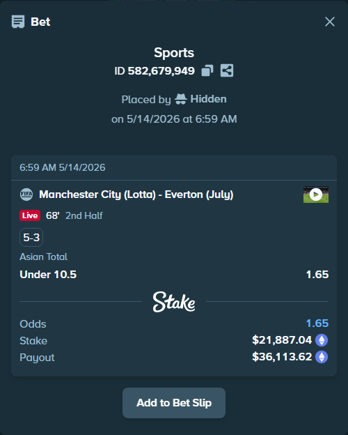 Bet slip: Manchester City (Lotta) - Everton (July), $16,818.06 stake at 1.65 odds, placed by Hidden