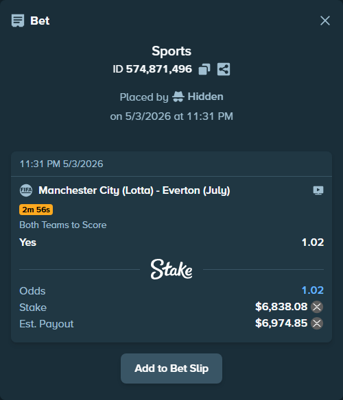 Bet slip: Manchester City (Lotta) - Everton (July), $5,635.98 stake at 1.02 odds, placed by Hidden