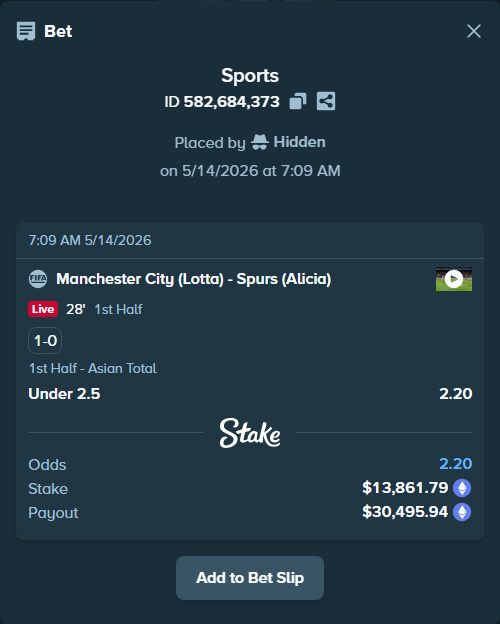 Bet slip: Manchester City (Lotta) - Spurs (Alicia), $10,658.65 stake at 2.20 odds, placed by Hidden
