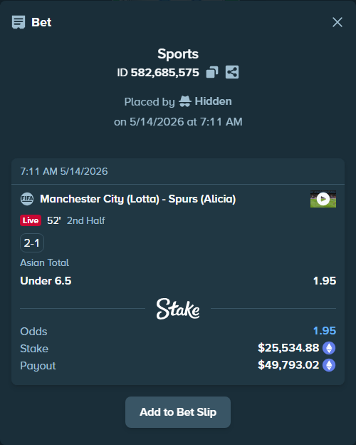 Bet slip: Manchester City (Lotta) - Spurs (Alicia), $19,634.35 stake at 1.95 odds, placed by Hidden