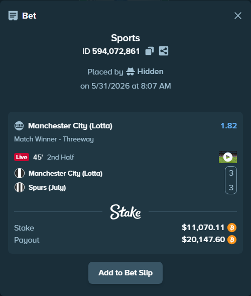 Bet slip: Manchester City (Lotta) - Spurs (July), $9,649.50 stake at 1.82 odds, placed by Hidden