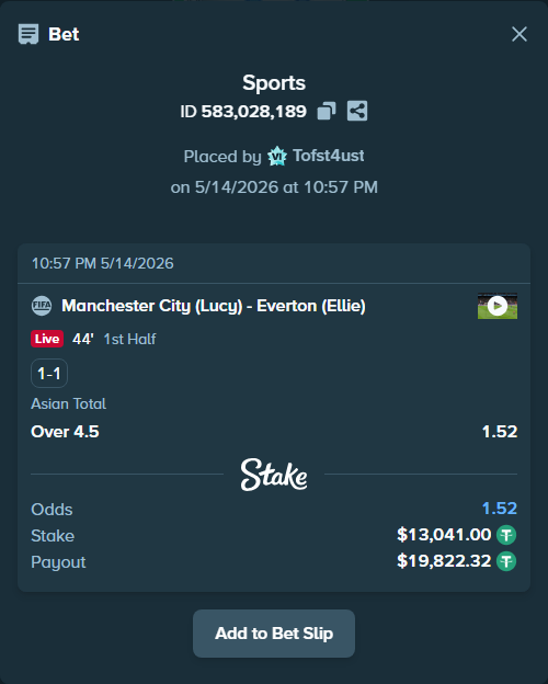 Bet slip: Manchester City (Lucy) - Everton (Ellie), $13,041.00 stake at 1.52 odds, placed by Tofst4ust