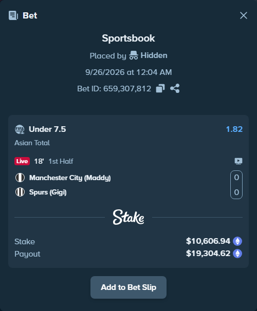 Bet slip: Manchester City (Maddy) - Spurs (Gigi), $10,641.59 stake at 1.82 odds, placed by Hidden
