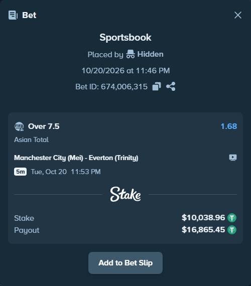 Bet slip: Manchester City (Mei) - Everton (Trinity), $10,049.00 stake at 1.68 odds, placed by Hidden