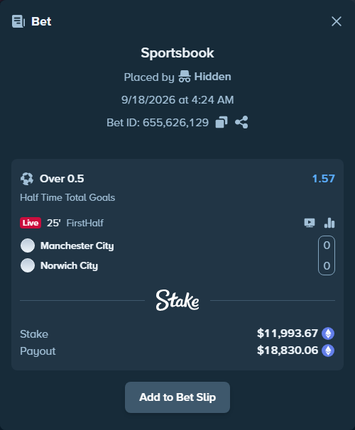 Bet slip: Manchester City - Norwich City, $11,984.21 stake at 1.57 odds, placed by Hidden