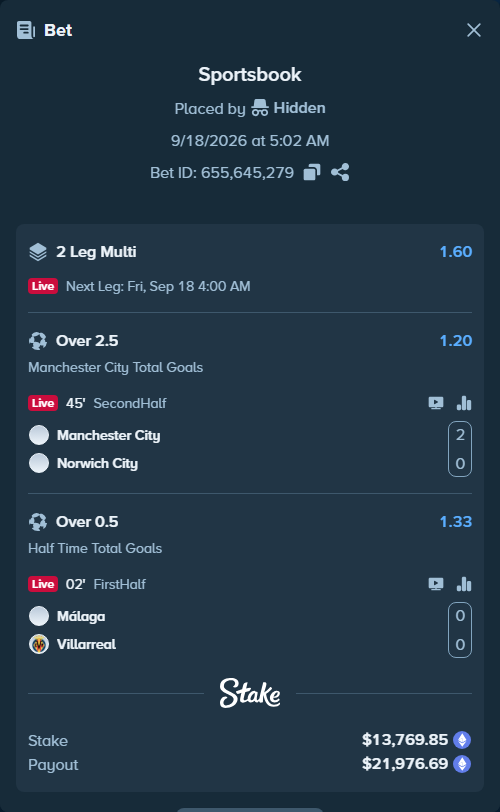 Bet slip: Manchester City - Norwich City, $13,765.02 stake at 1.20 odds, placed by Hidden
