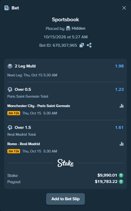 Bet slip: Manchester City - Paris Saint Germain, $10,000.00 stake at 1.23 odds, placed by roha1292