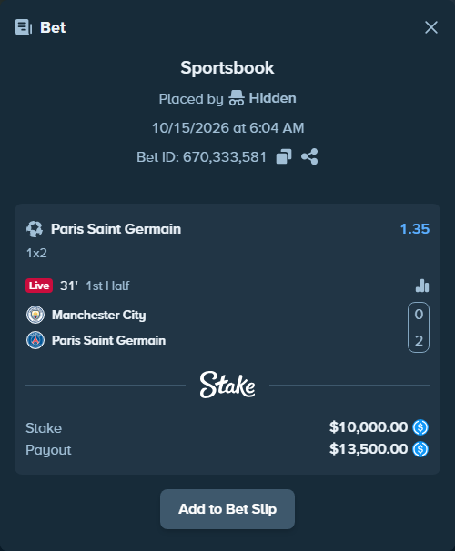 Bet slip: Manchester City - Paris Saint Germain, $10,000.00 stake at 1.35 odds, placed by mathiasjuel