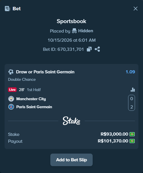 Bet slip: Manchester City - Paris Saint Germain, $18,600.00 stake at 1.09 odds, placed by toussaintpedro